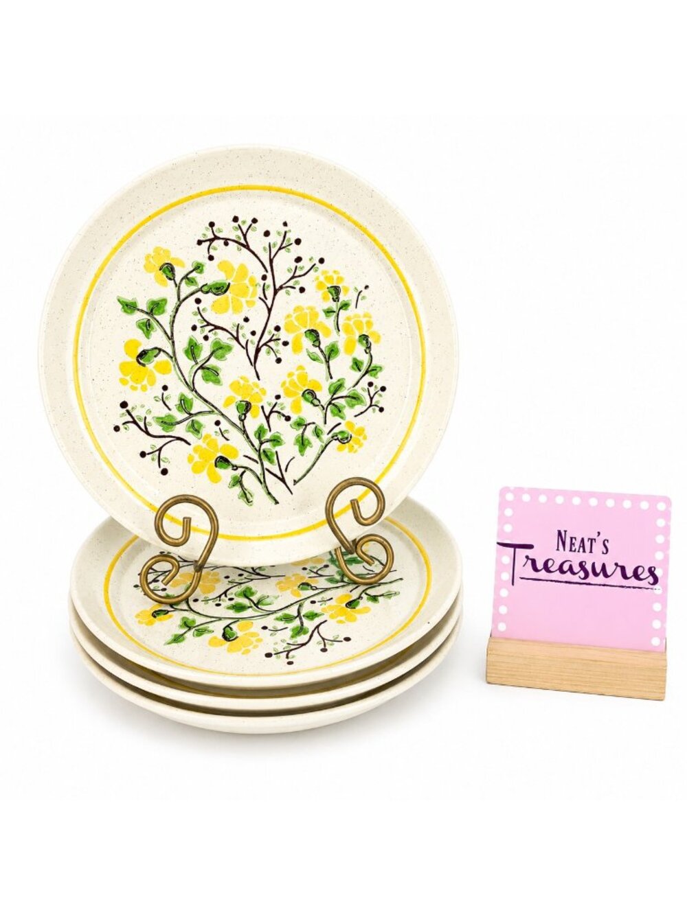 MCM Homer Laughlin HLC4225 Sandstone Speckled Yellow Floral Dinner Plate Set 4